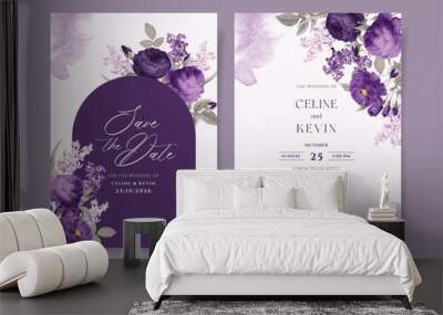 Watercolor wedding invitation template set with romantic purple floral and leaves decoration Wall mural