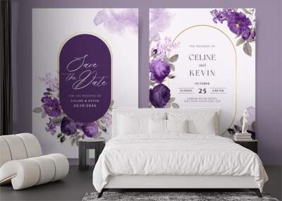 Watercolor wedding invitation template set with romantic purple violet floral and leaves decoration Wall mural