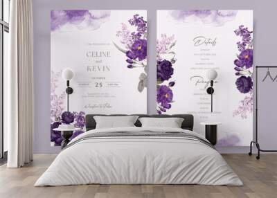 Watercolor wedding invitation template set with romantic violet floral and leaves decoration Wall mural