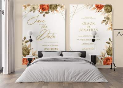 Wedding invitation template set with beautiful floral and leaves decoration Wall mural