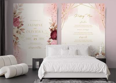 Wedding invitation template set with pink burgundy floral and leaves decoration Wall mural