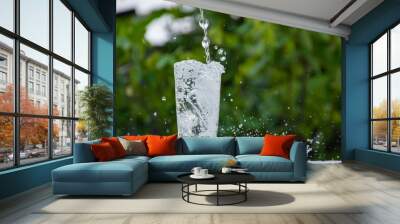 Glass of water on a wooden bar. There was water droplets scattered on the floor. Wall mural