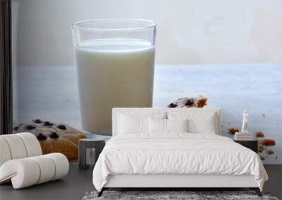 plate with chocolate chip cookies and a glass of milk on blurred background Wall mural