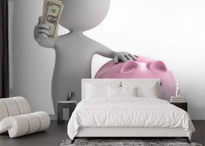 3d cute people - standing with pink piggy holding dollar stack o Wall mural