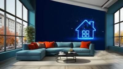 A futuristic glowing home symbol with plexus lines and glitter particles. A home symbol in the neon light style. Property investment illustration. Digital home buying and selling concept Wall mural