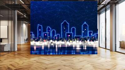 Abstract cityscape night scene with glowing neon buildings and blurred lights. Modern technological developments, futuristic cities, and plexus lines background Wall mural