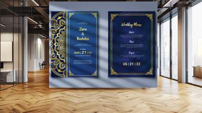 Luxury wedding invitation card with Baroque frame and golden mandala ornament on dark blue background. Islamic invitation template Wall mural