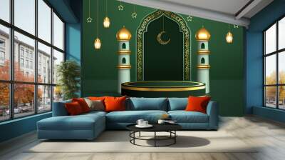 Realistic 3d Islamic celebration with Arabic ornament and product podium. Ramadan Kareem illustration for advertising, sales, online shopping, and marketing in green background design Wall mural