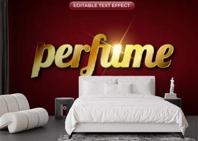 Realistic gold perfume text effect. Shiny luxury text style on a red background Wall mural