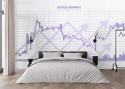 Suscessful stock market trading chart on a white paper background. Business financial stastical information and trends with up arrows. Candlesticks graph illustration concepts Wall mural