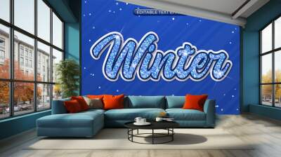 Winter text effect with sparkling glitter particles and snow. Editable text effect on a blue background Wall mural