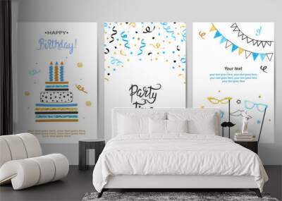 Happy Birthday cards set in blue and golden colors. Celebration vector posters with birthday cake and confetti Wall mural