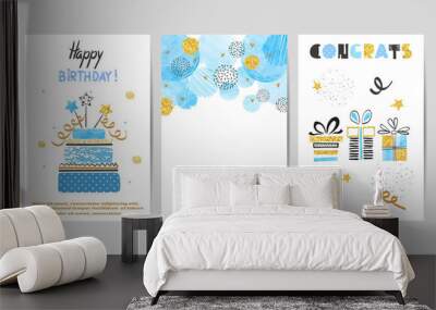 Happy Birthday cards set in blue and golden colors. Celebration vector templates with birthday cake and gifts. Wall mural