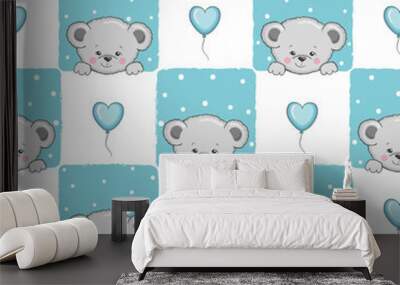 Seamless checked pattern with cute cartoon Teddy bears . Baby print Wall mural