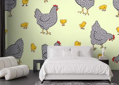 Seamless Easter pattern with hens and chicken. Vector chicks background Wall mural