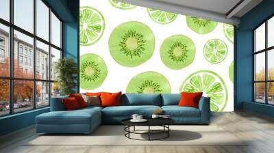 Seamless pattern with green kiwi and lime slices on white.Vector fruit background. Wall mural