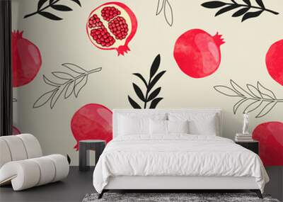 Seamless pomegranate pattern. Vector watercolor illustration with fruits and branches Wall mural