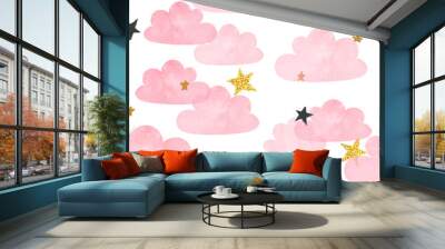 Seamless vector pink watercolor clouds and stars pattern. Wall mural