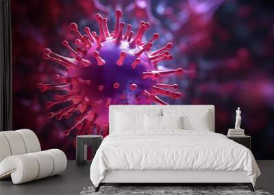  close-up of the coronavirus with vibrant reds and purples representing its core structure. Wall mural