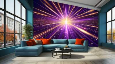 A purple laser beam shines from the center of an abstract background, with many light rays spreading outwards and towards all directions Wall mural