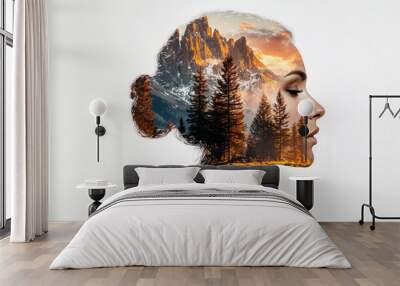 A mesmerizing double exposure portrait of a woman, integrating stunning natural landscapes that enhance the beauty and essence of femininity in serene harmony. Wall mural