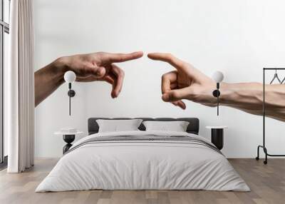 Moment of weightless. Two male hands trying to touch like a creation of Adam sign isolated on grey studio background. Concept of human relation, community, togetherness, symbolism, culture and history Wall mural