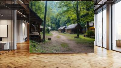 path in the park house in forest beautiful place peaceful green village trees beautiful background Wall mural