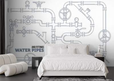 Elements of a plumbing. Pipes, cranes. Linear design Vector illustration Wall mural