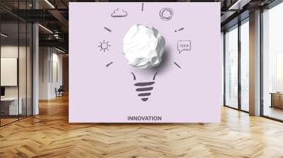 New creative idea. Art concept of idea and innovation with realistic paper bulb and sketch. Wall mural