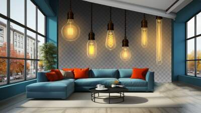 Set of realistic glowing lamp hanging on the wire. Incandescent lamp. Vector Wall mural