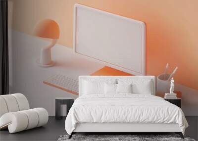 3D isometric illustration of a computer, keyboard, and mouse on a desk, with a white background and orange accents, soft lighting, a minimalistic  Wall mural