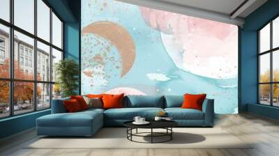 A celestial-themed pattern with pastel pink, blue and gold moon-like shapes on an abstract background Wall mural