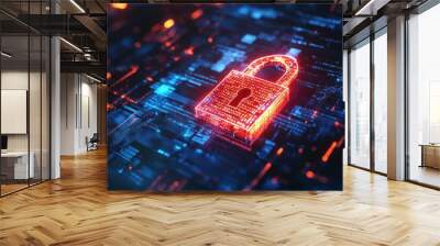 A digital red glowing padlock icon surrounded by futuristic cyberpunk style code lines, symbolizing advanced security technology  Wall mural