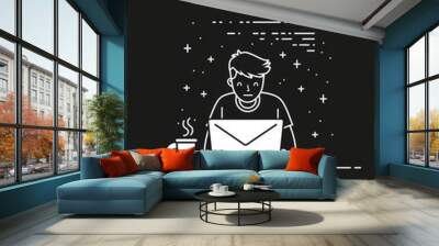 A man working on his laptop in a simple line art style with solid white and black colors. Stars float around him, in a cartoon style with a minimalistic design.  Wall mural