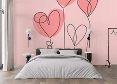 A minimalist line drawing of three hearts on a pastel pink background  Wall mural