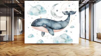 A watercolor whale flying among the clouds, stars and constellations in the sky, with a celestial design featuring the moon against a white background Wall mural