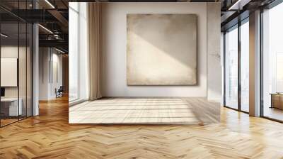 Abstract beige and gray painting on canvas, hanging in a modern home interior with a wooden floor Wall mural