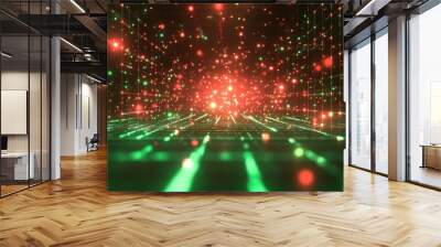 Abstract digital grid background with glowing green and red lights, creating an immersive futuristic space for technology or data graphics. Wall mural