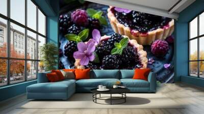 Blackberry Melection Tarts, professional food photography, on dark plate Wall mural