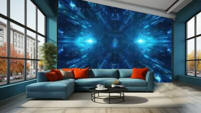 Blue background, glowing lines and light effect, starry sky, symmetrical composition, digital art style, futuristic technology sense, scifi theme. Wall mural