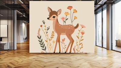 Cute deer with flowers on a beige background in a simple line, flat illustration style  Wall mural