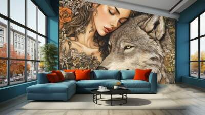 folklore illustration young woman with wolf Wall mural