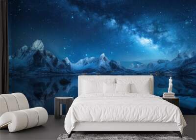 Starry sky over snowy mountains, reflection in the lake at night. milky way galaxy with stars and planets on blue dark background.  Wall mural