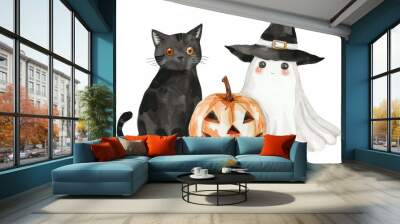 Watercolor cute cartoon black cat and white ghost with witch hat, pumpkin on isolated background Wall mural