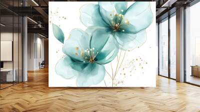 Watercolor transparent flowers, light blue and green color palette, gold details, transparent background Wall mural