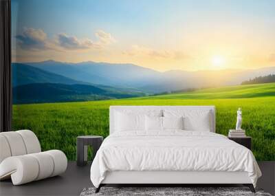 A beautiful, sunlit field with a clear blue sky Wall mural