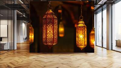 A mosque bathed in the soft glow of lanterns at night. Wall mural