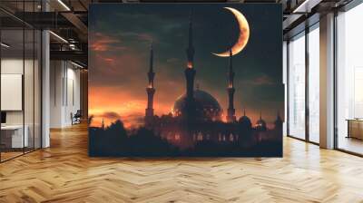 A portrayal of a mosque at the heart of the night. Wall mural