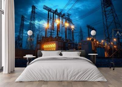 A power plant with many tall towers and wires Wall mural