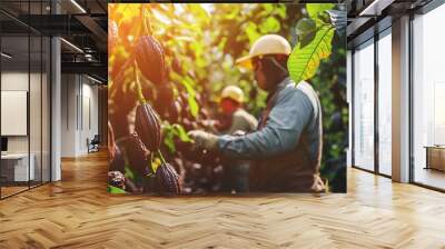 Farmers harvesting cocoa beans. Wall mural